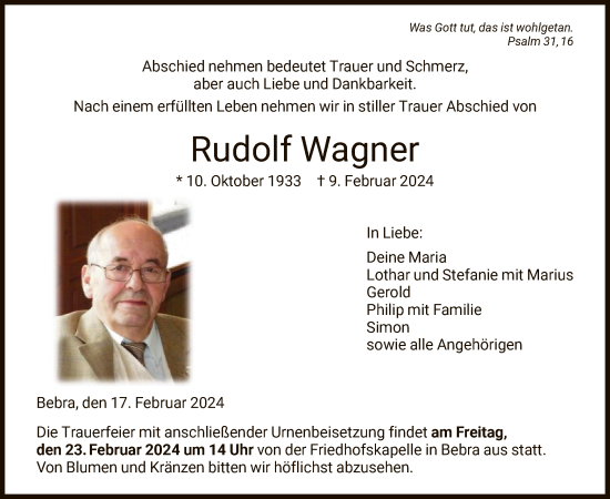 Traueranzeige von Rudolf Wagner von HNA