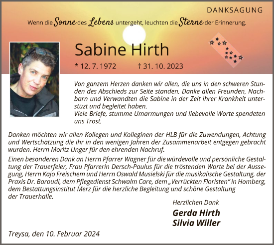 Traueranzeige von Sabine Hirth von HNA