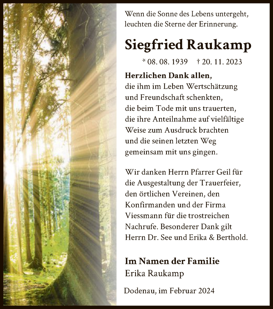  Traueranzeige für Siegfried Raukamp vom 17.02.2024 aus HNA