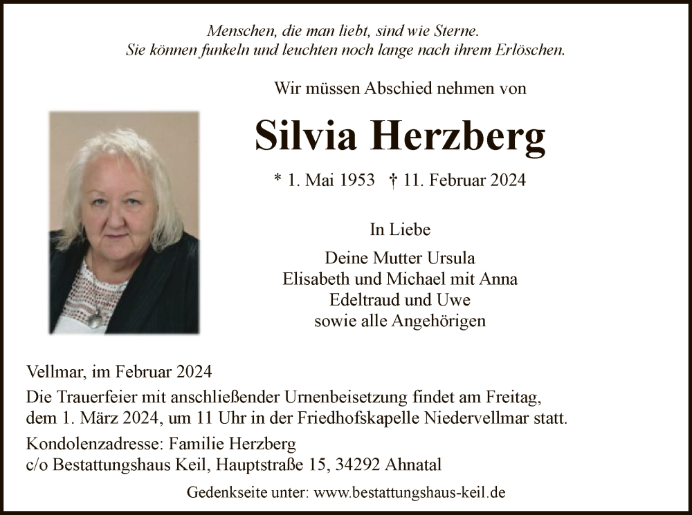  Traueranzeige für Silvia Herzberg vom 23.02.2024 aus HNA