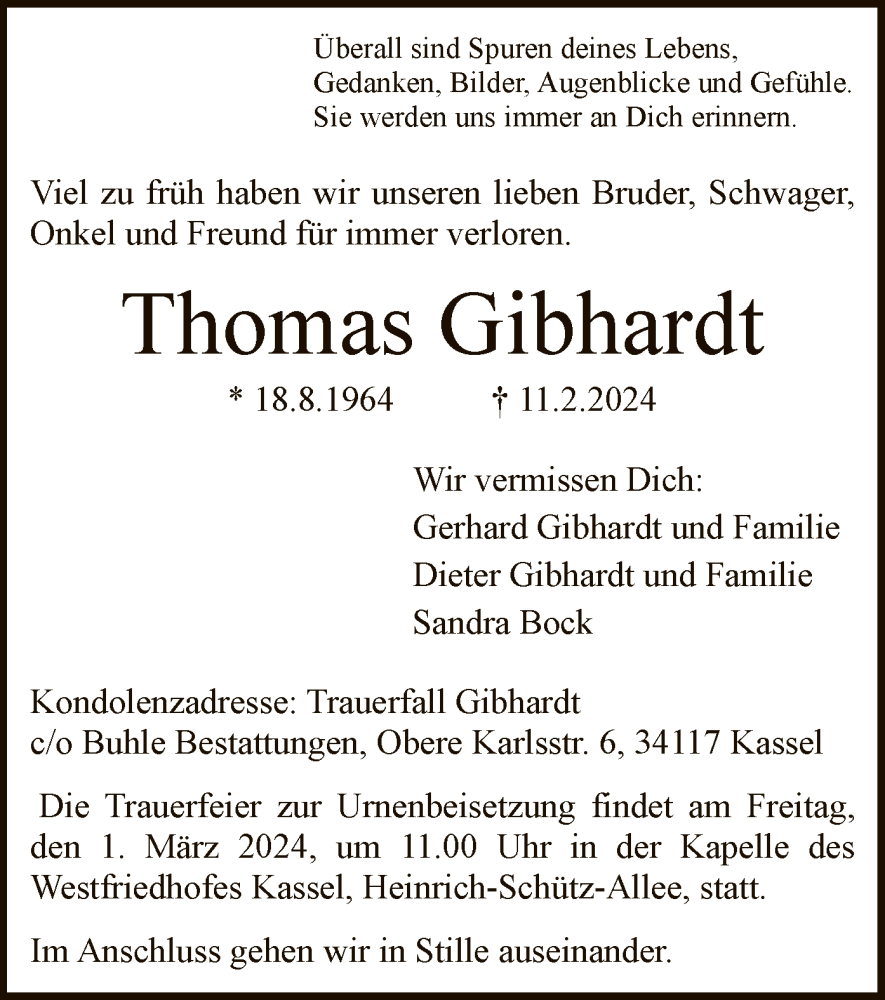  Traueranzeige für Thomas Gibhardt vom 24.02.2024 aus HNA