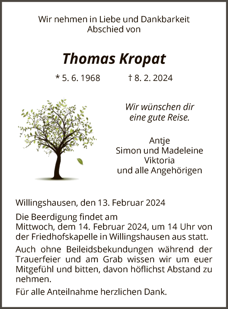  Traueranzeige für Thomas Kropat vom 13.02.2024 aus HNA