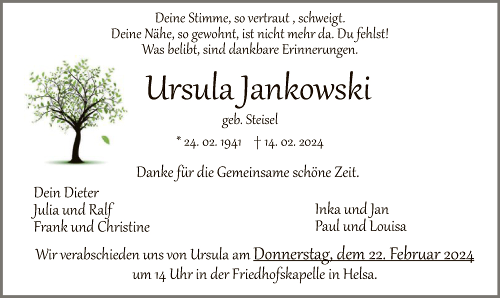  Traueranzeige für Ursula Jankowski vom 20.02.2024 aus HNA