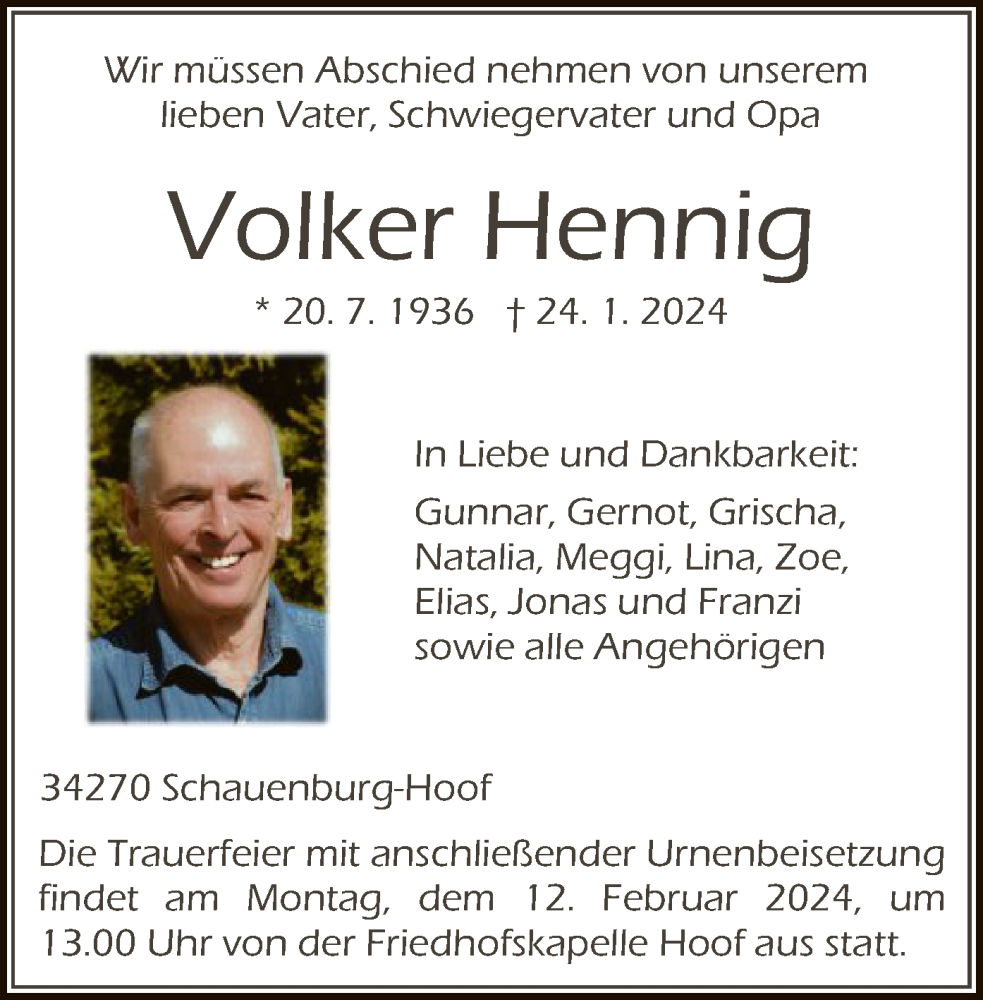  Traueranzeige für Volker Hennig vom 03.02.2024 aus HNA