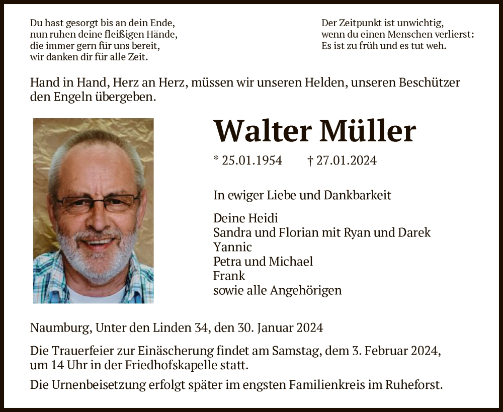  Traueranzeige für Walter Müller vom 30.01.2024 aus HNA