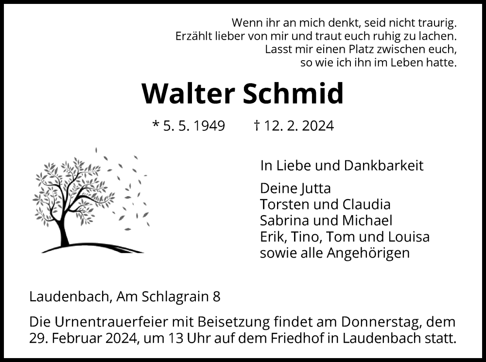 Traueranzeigen von Walter Schmid | Trauer.HNA.de