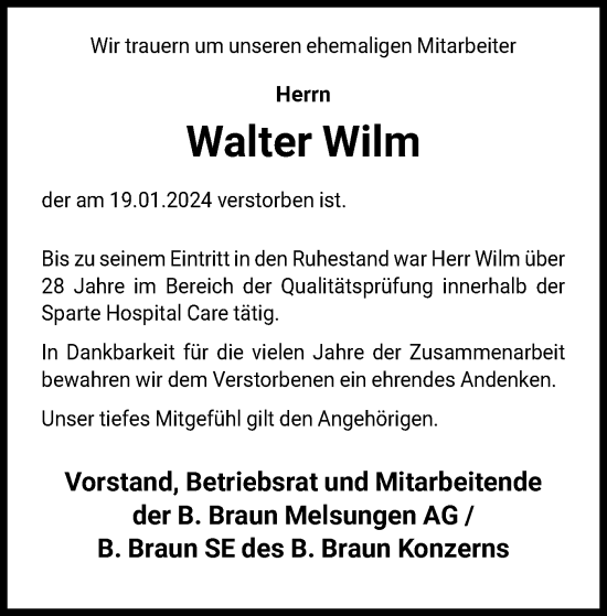 Traueranzeige von Walter Wilm von HNA