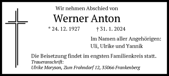 Traueranzeige von Werner Anton von HNA