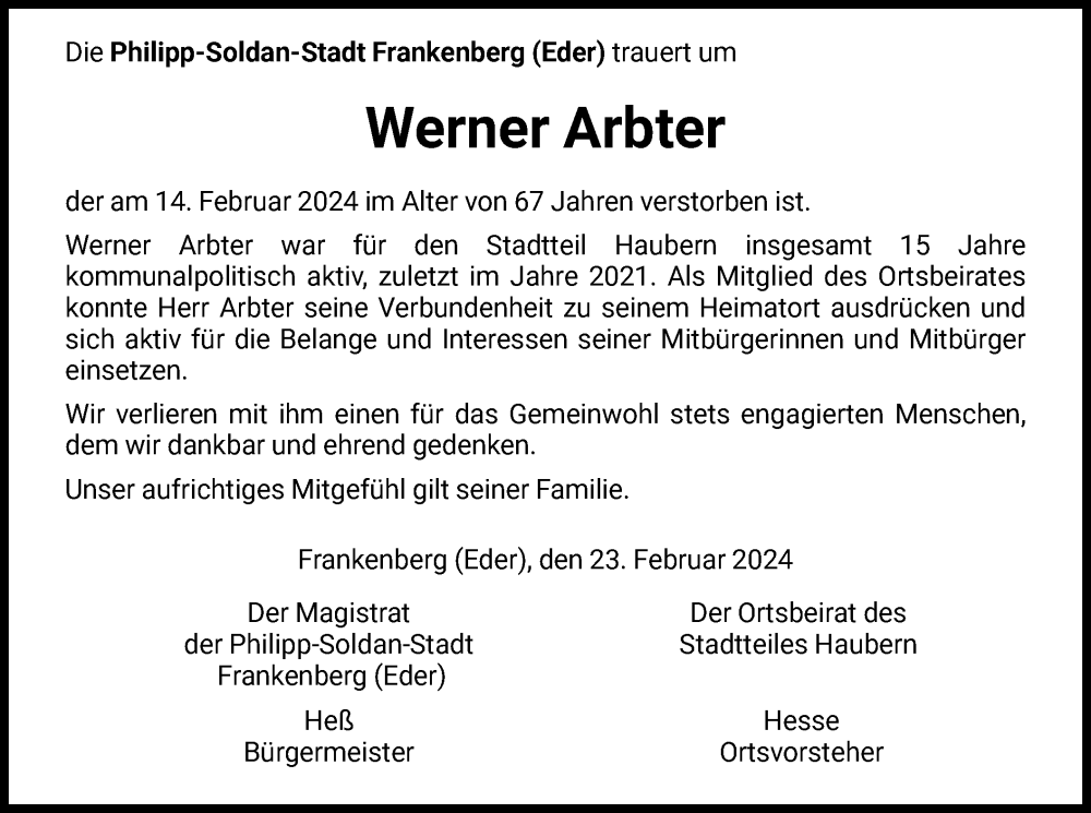  Traueranzeige für Werner Arbter vom 23.02.2024 aus HNA