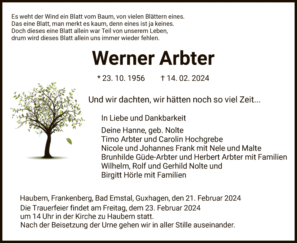  Traueranzeige für Werner Arbter vom 21.02.2024 aus HNA