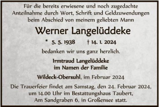 Traueranzeige von Werner Langelüddeke von HNA