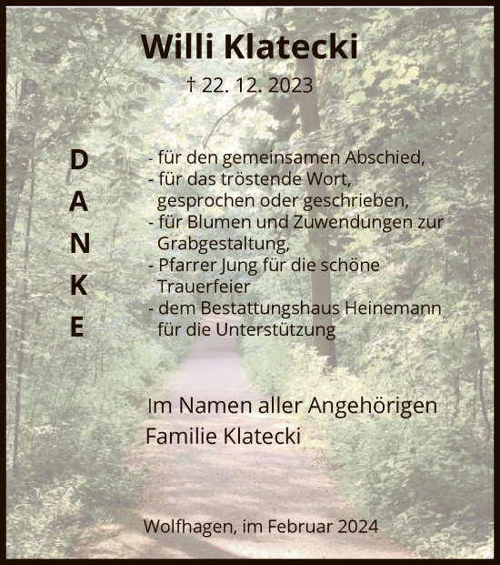 Traueranzeige von Willi Klatecki von HNA