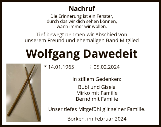 Traueranzeige von Wolfgang Dawedeit von HNA