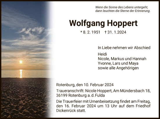 Traueranzeige von Wolfgang Hoppert von HNA