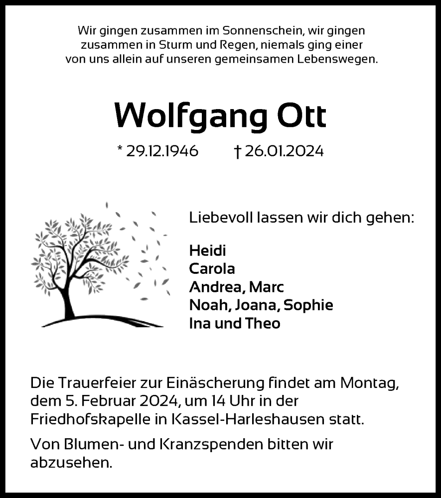  Traueranzeige für Wolfgang Ott vom 03.02.2024 aus HNA