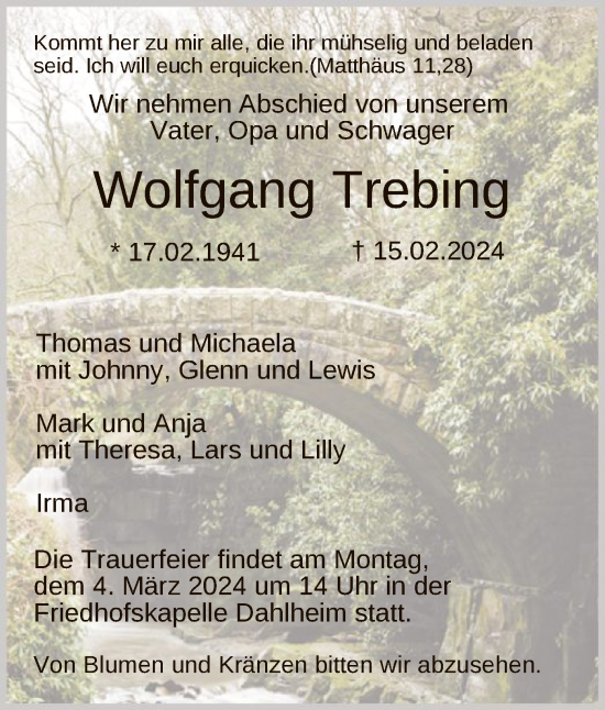 Traueranzeige von Wolfgang Trebing von HNA