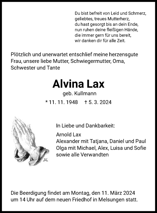 Traueranzeige von Alvina Lax von HNA