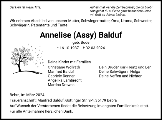 Traueranzeige von Anneliese Balduf von HNA