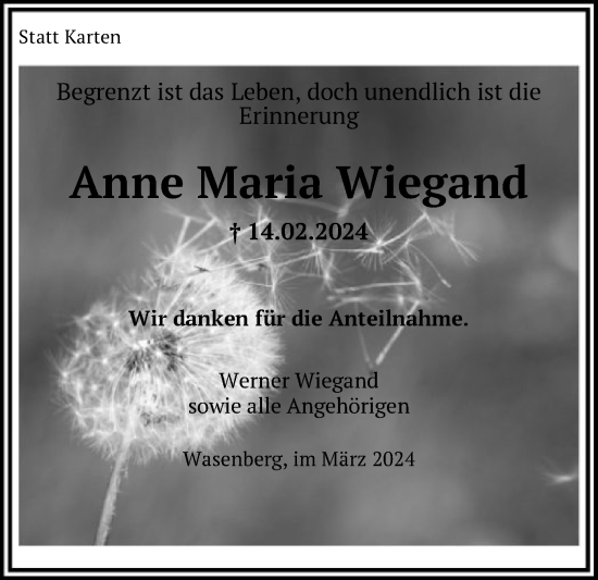 Traueranzeige von Anne Maria Wiegand von HNA