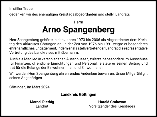 Traueranzeige von Arno Spangenberg von HNA