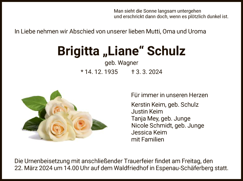  Traueranzeige für Brigitta Schulz vom 16.03.2024 aus HNA