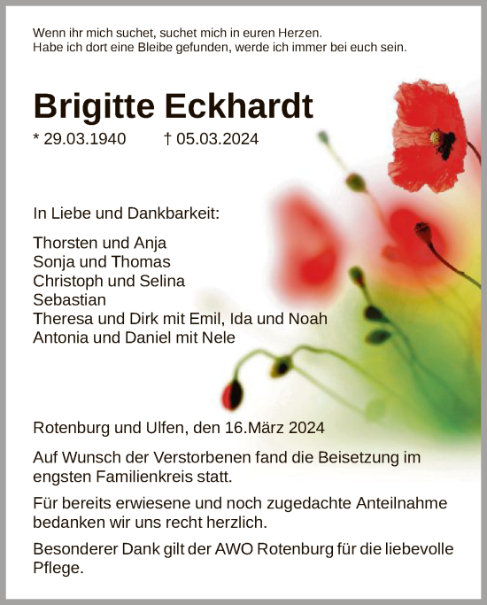 Traueranzeige von Brigitte Eckhardt von HNA