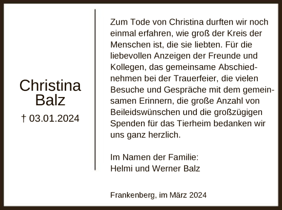 Traueranzeige von Christina Balz von HNA