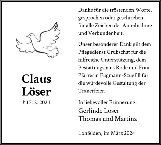 Traueranzeige von Claus Löser von HNA