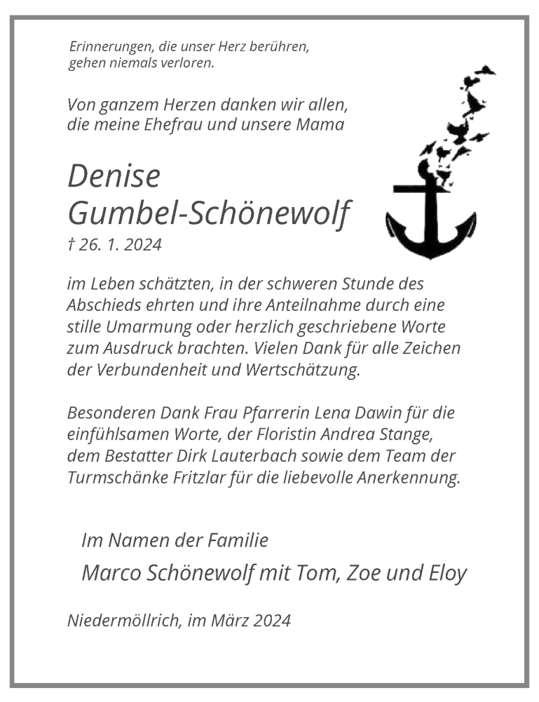  Traueranzeige für Denise Gumbel-Schönewolf vom 23.03.2024 aus HNA