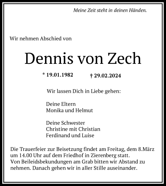 Traueranzeigen Von Dennis Von Zech Trauer Hna De