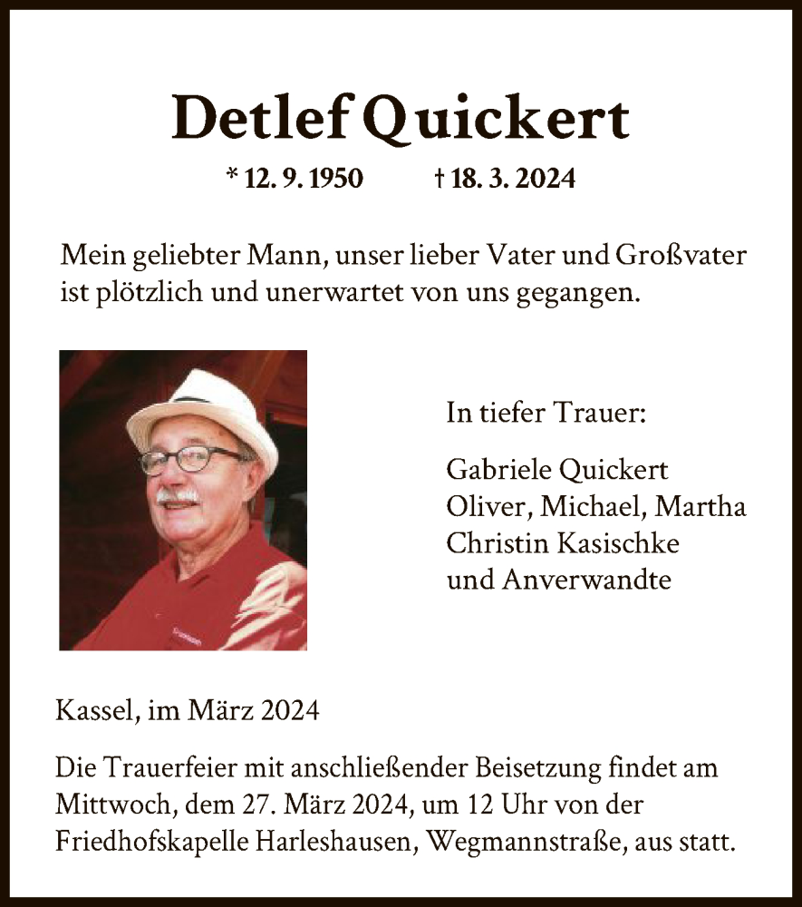  Traueranzeige für Detlef Quickert vom 23.03.2024 aus HNA