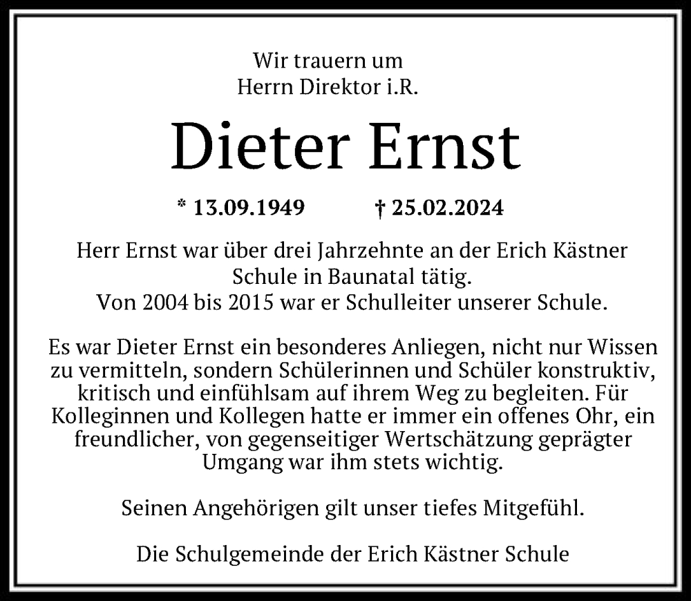  Traueranzeige für Dieter Ernst vom 02.03.2024 aus HNA