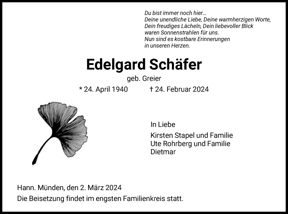  Traueranzeige für Edelgard Schäfer vom 02.03.2024 aus HNA