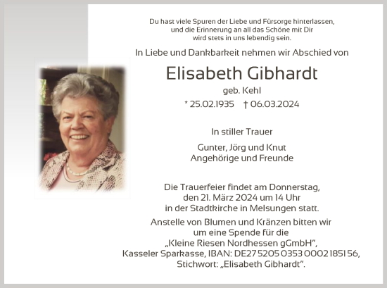 Traueranzeige von Elisabeth Gibhardt von HNA