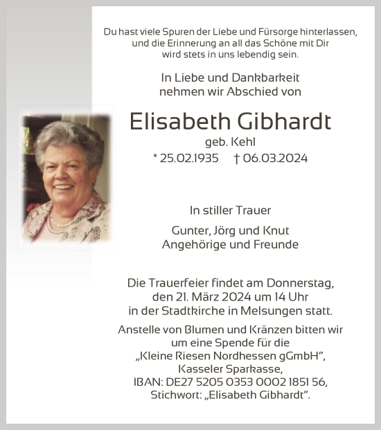 Traueranzeige von Elisabeth Gibhardt von HNA