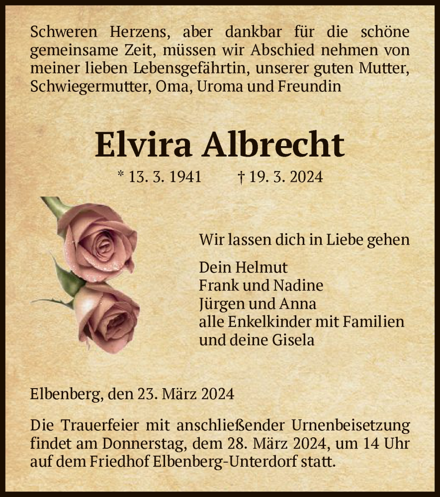  Traueranzeige für Elvira Albrecht vom 23.03.2024 aus HNA