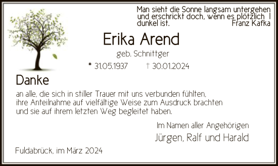 Traueranzeige von Erika Arend von HNA