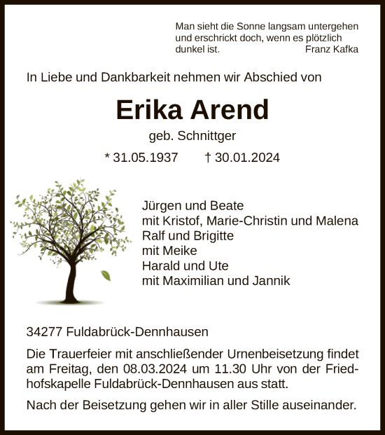 Traueranzeige von Erika Arend von HNA