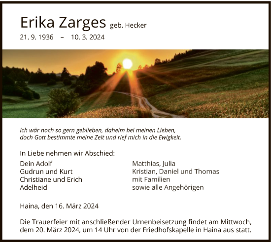 Traueranzeige von Erika Zarges von HNA