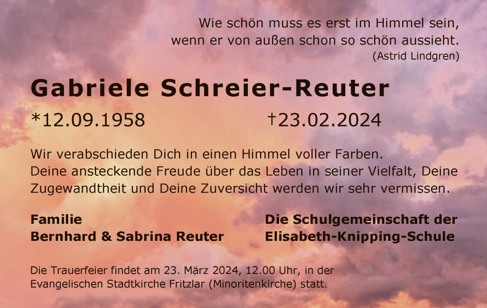  Traueranzeige für Gabriele Schreier-Reuter vom 16.03.2024 aus HNA