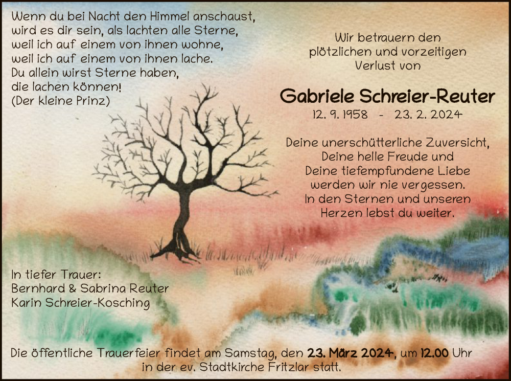  Traueranzeige für Gabriele Schreier-Reuter vom 16.03.2024 aus HNAHNA