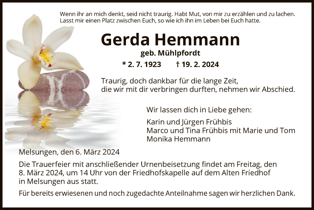  Traueranzeige für Gerda Hemmann vom 06.03.2024 aus HNA