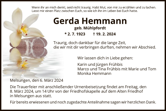 Traueranzeige von Gerda Hemmann von HNA