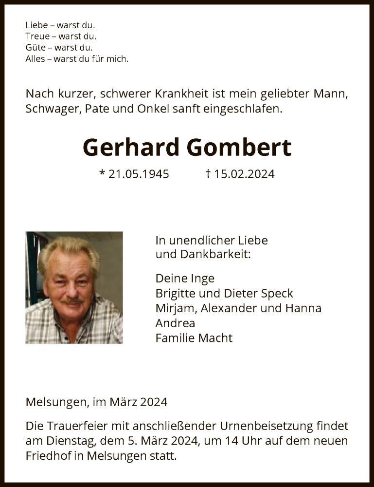  Traueranzeige für Gerhard Gombert vom 02.03.2024 aus HNA