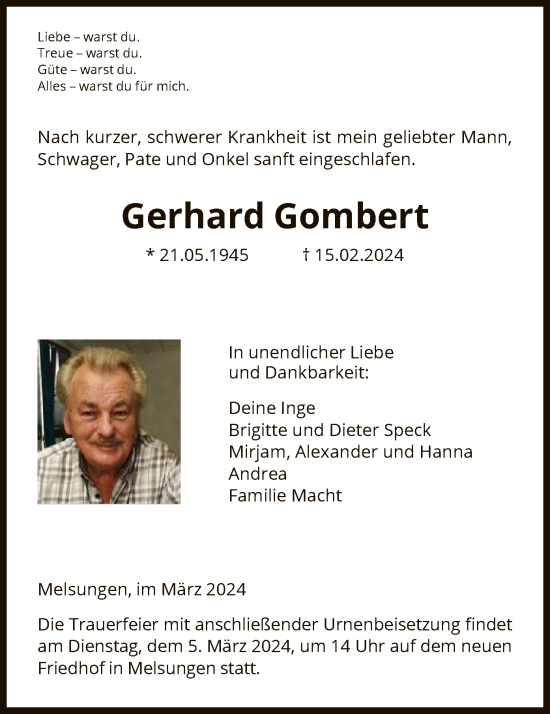 Traueranzeige von Gerhard Gombert von HNA