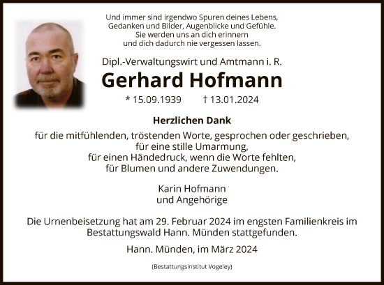 Traueranzeige von Gerhard Hofmann von HNA