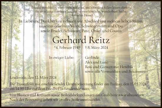 Traueranzeige von Gerhard Reitz von HNAHNA