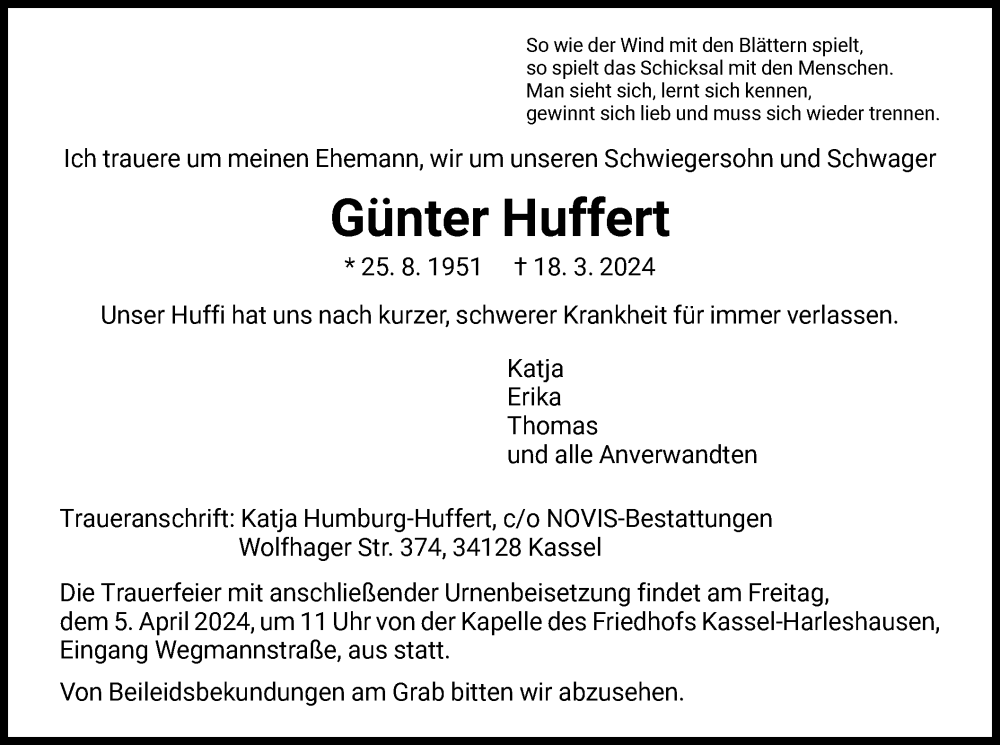  Traueranzeige für Günter Huffert vom 30.03.2024 aus HNA