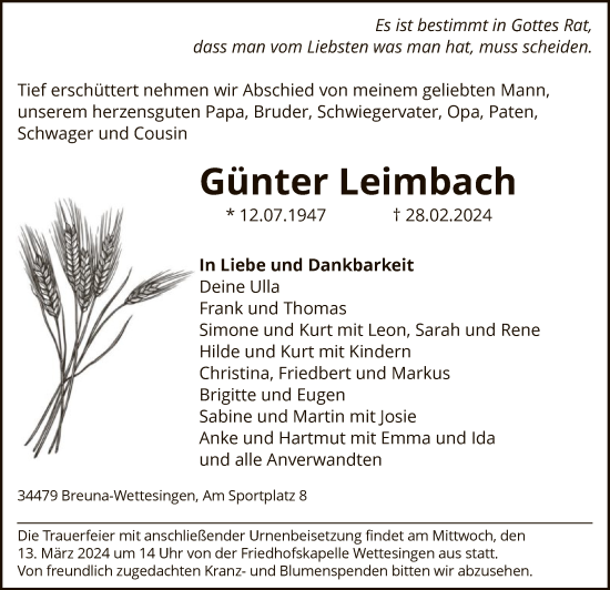 Traueranzeige von Günter Leimbach von HNA