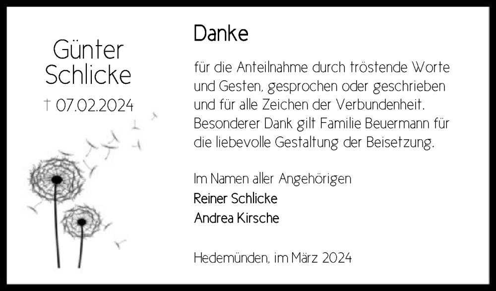  Traueranzeige für Günter Schlicke vom 09.03.2024 aus HNA